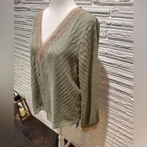 NWT Olive Green Boho V-Neck Blouse with Lace Trim, Size M